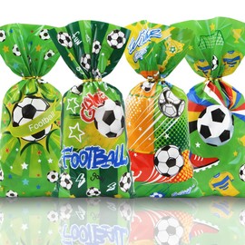 50 PCS Soccer Cellophane Treat Bags Football Themed Goody Candy Bags Green Plastic Cello Gift Bags Soccer Match Party Favor Bags with Twist Ties for Sport Event Birthday Baby Showers Party Supplies