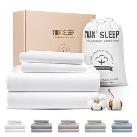 TWK 1200 TC 100% Egyptian Long-Staple Cotton Bedding Sheets Set, Luxury Hotel Style Deep Pocket with Elastic Reinforced Seams Sheet Set, Soft & Comfy Natural Sheets (Pure White, King)
