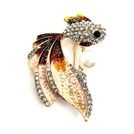 Fish Pearl Gold Luxury Metal Gem Rhinestone Pin Badge Brooch Jewellery