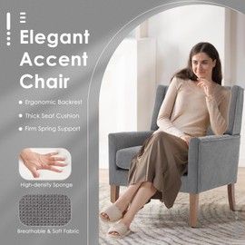 COLAMY Modern Wingback Living Room Chair, Upholstered Fabric Accent Armchair, Single Sofa Chair with Lounge Seat and Wood Legs for Bedroom/Office/Reading Spaces, Gery