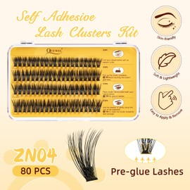 QUEWEL Self Adhesive Eyelashes Natural Look, No Glue Needed Lash Clusters with Eyelash Clusters Tweezer, 80 Pcs Reusable Lashes Self Adhesive for Beginners, DIY Lash Extensions for Home Use(ZN-04)