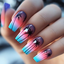 NGMATY Summer Press on Nails Medium Square Tropical Style Fake Nails With Sunset Beach Coconut Tree Designs Reusable Artificial Nails Full Cover Glossy Stick on Nails for Women (Breezy Coconut Palms)