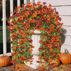 Ouddy Decor 4 Pack Artificial Fall Hanging Flowers for Outdoors Decoration, Faux Mums Silk Daisy Flowers Fake Hanging Plants UV Resistant for Autumn Porch Yard Balcony Home Decor, Brown Orange