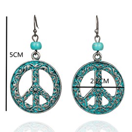 Vintage Bronze Silver Round Peace Love Sign Symbol Hook Earrings Hollow Carved Flower Drop Earrings for Women Hippie 60s and 70s Jewelry-2pcs
