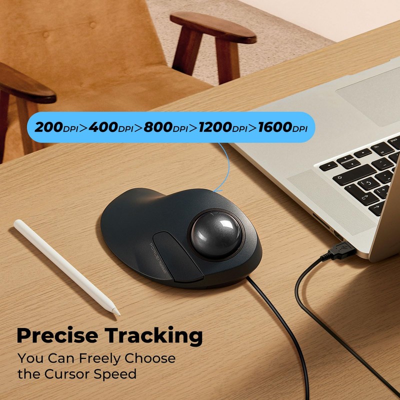 PORLEI Wired Trackball Mouse for Large Hands, Ergonomic Design Reduces