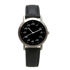 Math Dial Watch Shows Square Root Equations at Each Hour Indicator on The Black Dial of The Unisex Size Brushed Chrome Watch with Black Leather Strap
