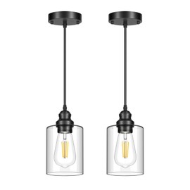 2 Pack Modern Black Pendant Lighting, Clear Glass Shade Pendant Lights Kitchen Island, Hanging Ceiling Light Fixture, Farmhouse Pendant Lighting for Dining Room Bedroom Bar Office
