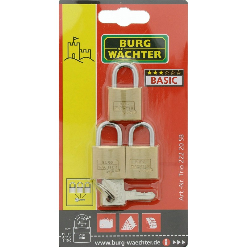 Burg-Wächter Trio 222 20 SB Padlock Set, Brass, 3,5 mm