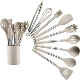 Silicone Kitchen Utensils Set - 10pcs, 446°F Heat Resistant Cooking Utensil Set With Stainless Steel Handle, Bpa Free Non Toxic, Kitchen Gadgets Safe Silicone Utensils (Khaki)