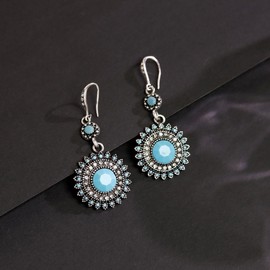 AILUOR Vintage Round Blue Sapphire Sunflower Dangle Earrings, Women Unique Retro Colourful Ethnic Bohemian Earrings Jewellery for Women, Zinc, Cubic Zirconia