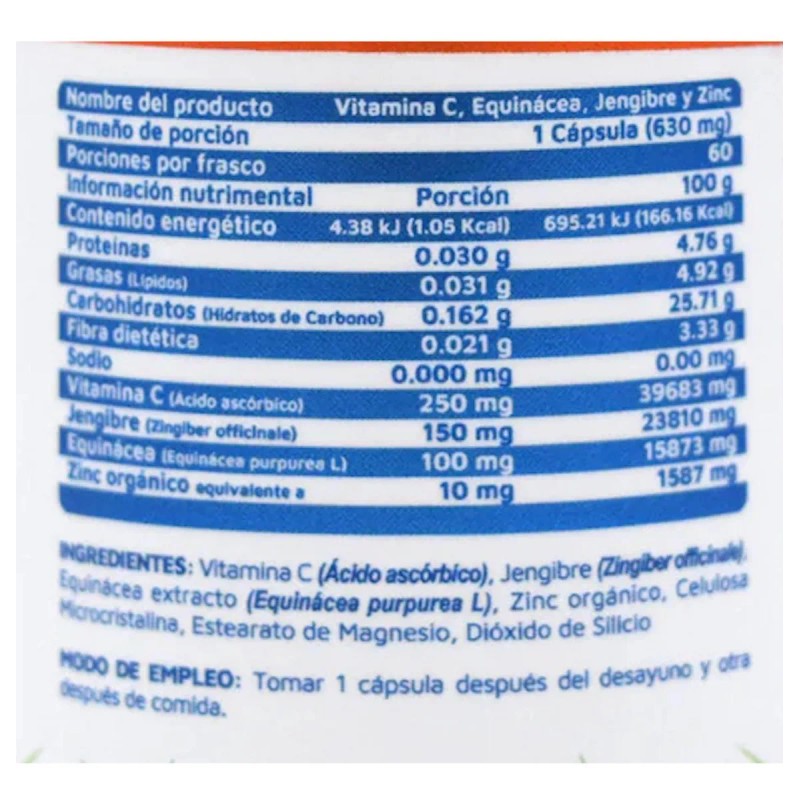 Vitamina C Equincea Jengibre Y Zinc Vidanat 60 Cpsulas Sin