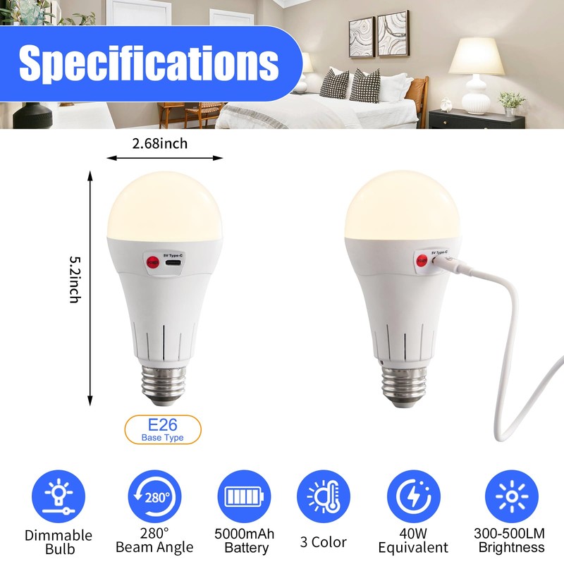 Powfloven 5000mAh Rechargeable Light Bulbs with Remote, E26 Wireless LED