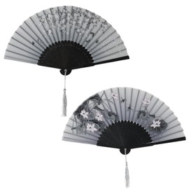 Chanseen 2Pcs Handheld Fan Foldable Folding Hand Fans for Women Dancing Party Cosplay Wedding, Black Bamboo Frame, Floral Butterfly Pattern