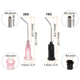 HARFINGTON 24pcs Blunt Tip Dispensing Needles 19G 20G 45 Degrees Bent Dispensing Tips 1" End Angled Dispenser Needle with Luer Elbow Blunt Needle for Oil or Glue Applicator, Black, Pink