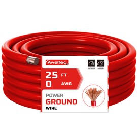 AWELTEC 0 Gauge Wire, 25 Feet Red Power Ground Wire Cable, Primary Automotive Wire, Copper Clad Aluminum Wire for Battery Cable, Car Audio, Amp Wiring, Generator, Automotive, RV