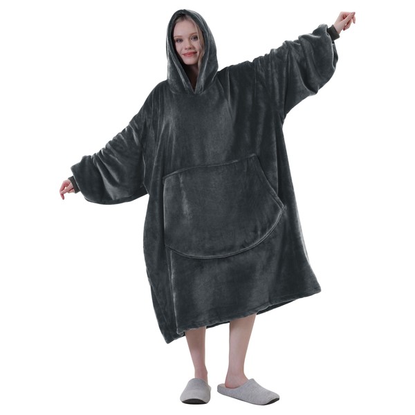 Easy-Going Oversized Flannel Wearable Blanket Hoodie for Adults, One Size Fits All, Dark Gray