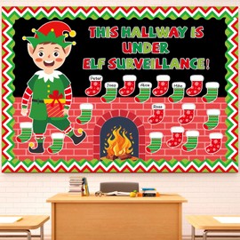 QOUBAI 52 PCS Christmas Bulletin Board Decoration Xmas Elf Hearth Classroom Bulletin Board Elf Fireplace Christmas Stocking Paper Cutouts Winter Bulletin Board Set for Xmas Holiday School Home Decor
