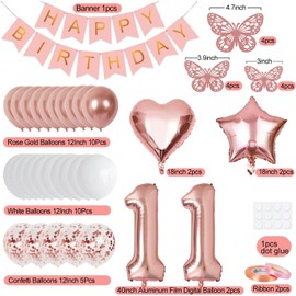 11th Birthday Decorations for Girls, Rose Gold 40 Inch Number 11 Foil Birthday Balloons with Happy Birthday Banner and Butterfly Stickers