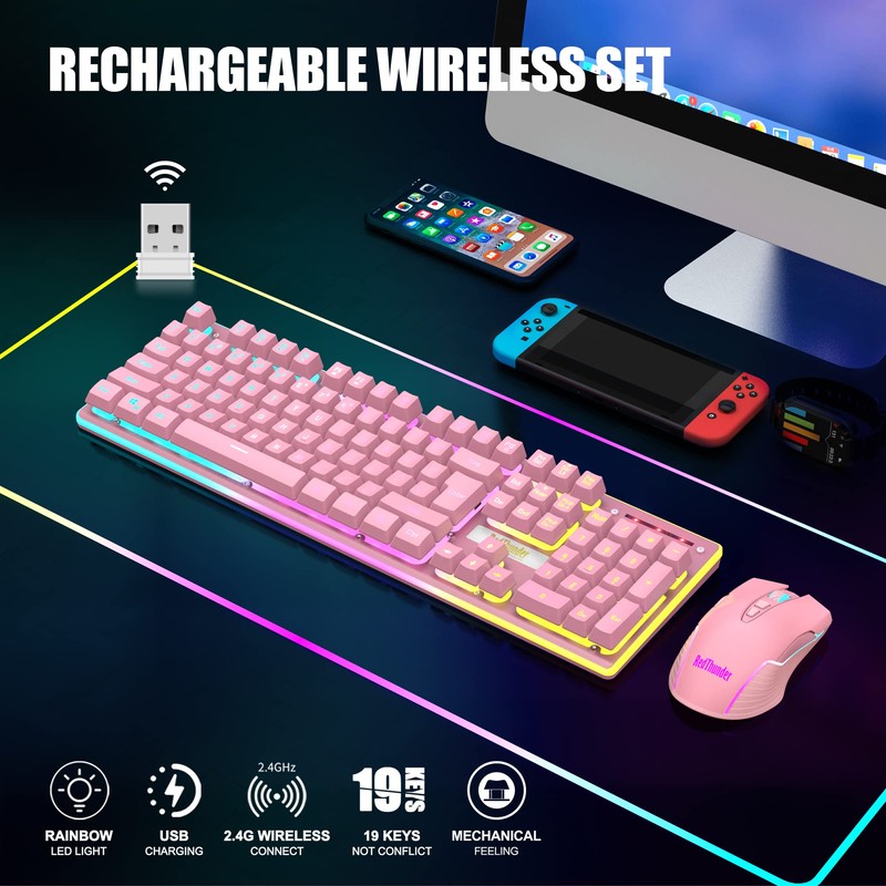 RedThunder K10 Wireless Gaming Keyboard and Mouse Combo, LED Backlit
