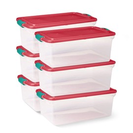 HOMZ 6-Pack Holiday Tote, Plastic Storage Organizer Bins with Lids, 64 Quart, Clear/Red - Stackable Organizing Containers for Home, Garage, and Office