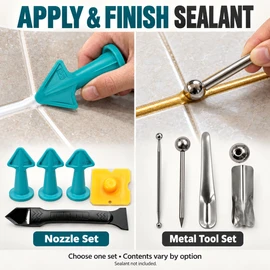 5-in-1 Caulking Tool Kit for Silicone Sealant Application – 3 Radius Finishing Nozzles with Scraper Tools for Tile Joints and Corners