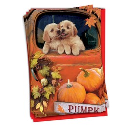 NobleWorks 12 Thanksgiving Greeting Cards Boxed Set with 5 x 7 Inch Envelopes (1 Design, 12 Each) Pumpkin Puppies - Truck C10191BTGG-B12x1