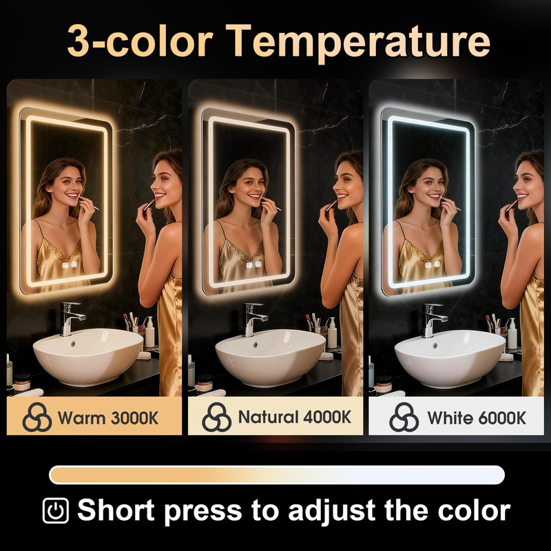 LED Bathroom Mirror, 16 x 24 Inch Anti-Fog Bathroom Mirror