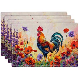 Rooster Flower Placemats Set of 4 Poppy Floral Table Mats Colorful Washable Place mats for Party Kitchen Dining Decoration 12x18 Inch