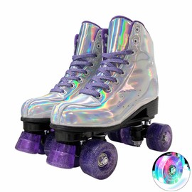 Roller Skates for Women and Men,High Top PU Leather Rollerskates Iridescent Double-Row PU Wheels Indoor Outdoor Skates (39=US Women:9=US Men:7.5=Heel to Toe:25.5 cm)