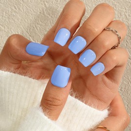 KQueenest Sky Blue Press On Nails Short Square - Acrylic Press On Nails Summer, Sheer Light Blue Short Fake Nails with Glue, Glossy Opaque, Reusable Soft Gel Glue on Nails for Women Gift, 24 Pcs