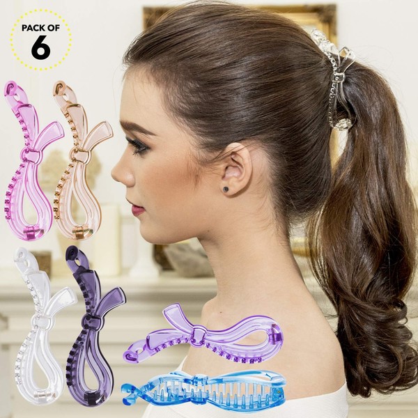 RC ROCHE ORNAMENT 6 Pcs Womens Girls Cute Hair Ribbon Bow Banana Ponytail Holder Maker Non Slip Secure Grip Styling Fashion Accessory Comb Clip Clincher Clasp, Medium Transparent Multicolor