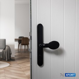 XFORT Uros Matt Black Door Handle, (PZ 62/92mm, Screw Hole Distance 211mm, 243mm Overall) Aluminium Offset Lever/Pad, UPVC Door Handle