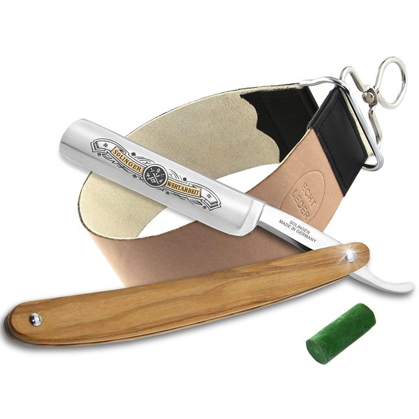 Solingen Razor Set Professional Quality for Gentle Shaving - Premium Razor Made of Solingen Olive Wood with Leather Strap and Paste - Complete Set as a Men's Gift Set