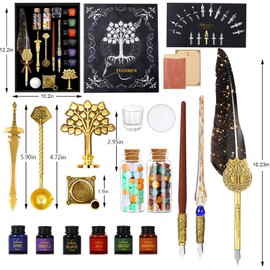 Quill Pen and Ink Set,Feather Dip pen with 6 bottles of ink,Antique Calligraphy Pen,Feather Writing Pen,Wooden Dip Pen,Glass Dip Pen,Wax Seal Stamp Kits Birthday&Christmas Gift for Men&Women(Gray)