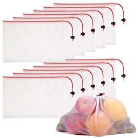 JSVSLTD Set of 12 Reusable Mesh Produce Bags - Washable Produce Bags - 12 Red Small (8"x12") See-Through Mesh Produce Bags for Storage Fruit, Vegetable, Toy