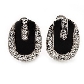 15mm/ Oval Black Enamel Diamante Clip On Earrings/Silver Tone Metal