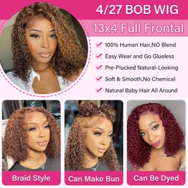 VELOMA Highlight Bob Wig Human Hair Deep Wave Lace Front Wigs Human Hair 13x4 Lace Front Wigs Human Hair For Women Honey Blonde Short Deep Curly Bob Wig 180% Density Super Soft P4/27 Color 12inch