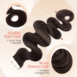 Elailite Wavy Tape in Hair Extensions Human Hair Body Wave Real Remy Hairpieces Dark Brown 16 Inch 50g 20pcs Invisible Seamless Skin Weft Best Tape for Women