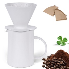 AZYM Pour Over Coffee Maker,V60 Coffee Dripper Set with 20 Count Paper Coffee Filters,Four-Leaf Clover-Shaped Drip Coffee Maker,Vintage Ceramic Carafe,for Home Brewing,Camping,17.5 oz (White)