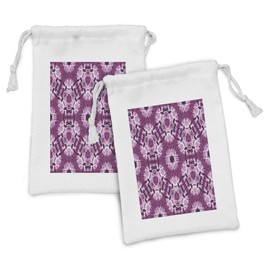 Ambesonne Indonesian Fabric Pouch Set of 2, Indonesian Oriental Trippy Motive with Morphing Spotted Murky Shapes Image, Small Drawstring Bag for Toiletries Masks and Favors, 9" x 6", Violet White