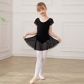 AOQUNFS Ballet Dresses Girls Lace Short Sleeve Ballet Clothing Gymnastics Dance Dress Ballet Suit Children's Ballet Jersey with Tulle Skirt, 118, black