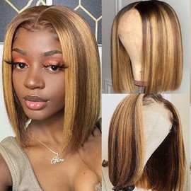 Ombre Brown Honey Blonde 4/27 Highlight Bob Wig Human Hair 13X4 Hd Transparent Highlight Bob Lace Front Wig Wear and Go Glueless Wig Human Hair Pre Plucked With Baby Hair Short Bob Wig For Black Women