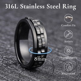 King Will 316L Stainless Steel Spinner Rings for Men-8mm Black Gear Fidget Ring with Roman Numerals, Anxiety Stress Relief Cool Wedding Band Comfort for Daily Wear Size 10
