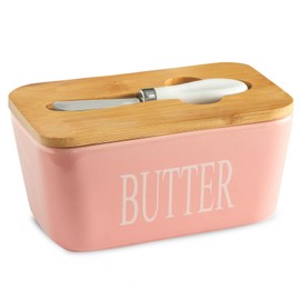 Hasense Butter Dish with Lid, Large Butter Dish for Countertop, Porcelain Butter Keeper Container with Knife, Airtight Butter Container with Cover for Farmhouse Kitchen Decor Gift, Refrigerator, Pink