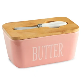 Hasense Butter Dish with Lid, Large Butter Dish for Countertop, Porcelain Butter Keeper Container with Knife, Airtight Butter Container with Cover for Farmhouse Kitchen Decor Gift, Refrigerator, Pink