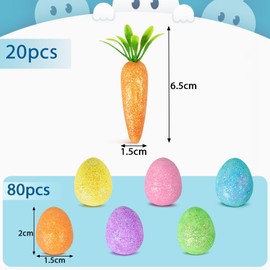 COLOFALLA 80 Pieces Mini Easter Eggs Quail Eggs Glitter Foam Easter Table Decoration Easter Ornaments 20 Pieces Mini Carrot Decoration Mini Carrots for Crafts DIY Decoration for Easter Room