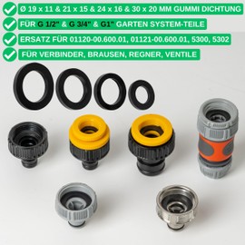 Replacement Flat Gaskets Set, 100 Pieces, for G 1/2 Inch - 3/4 Inch - 1 Inch Garden Plug Systems, Compatible with Gardena 21, 26.5, 33.3 mm Tap Connectors, Diameter 19 x 11, 21 x 15, 24 x 16, 30 x 20