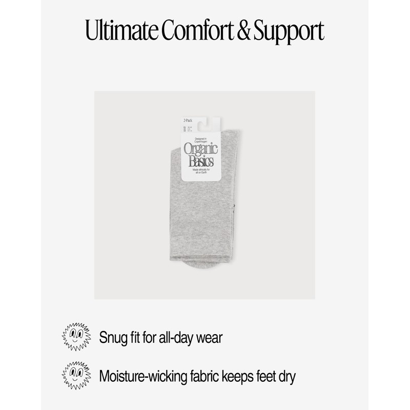 Organic Basics Unisex Core Crew Socks 2-pack, Grey, 7-9