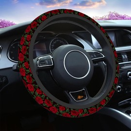 Swono Rose Red Steering Wheel Covers 15" Inch Vintage Red Roses and Green Leaves Universal Fit Most Car Sedans SUVs Comfort Grip Comfortable Neoprene Breathable Steering Wheel Protector