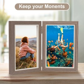 Czemo Folding Picture Frame for 2 Photos Wooden Photo Frame Collage Picture Frame 10 x 15 Wood Horizontal / Portrait Photo Frame for Desk, Office, Wedding, Family, Coffee Colour